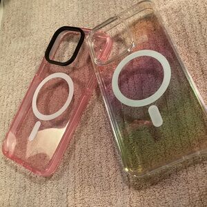 IPHONE 15 PRO MAX-TWO APPLE CASES MAGSAFE - Pink & Clear Light Luminous Silicone